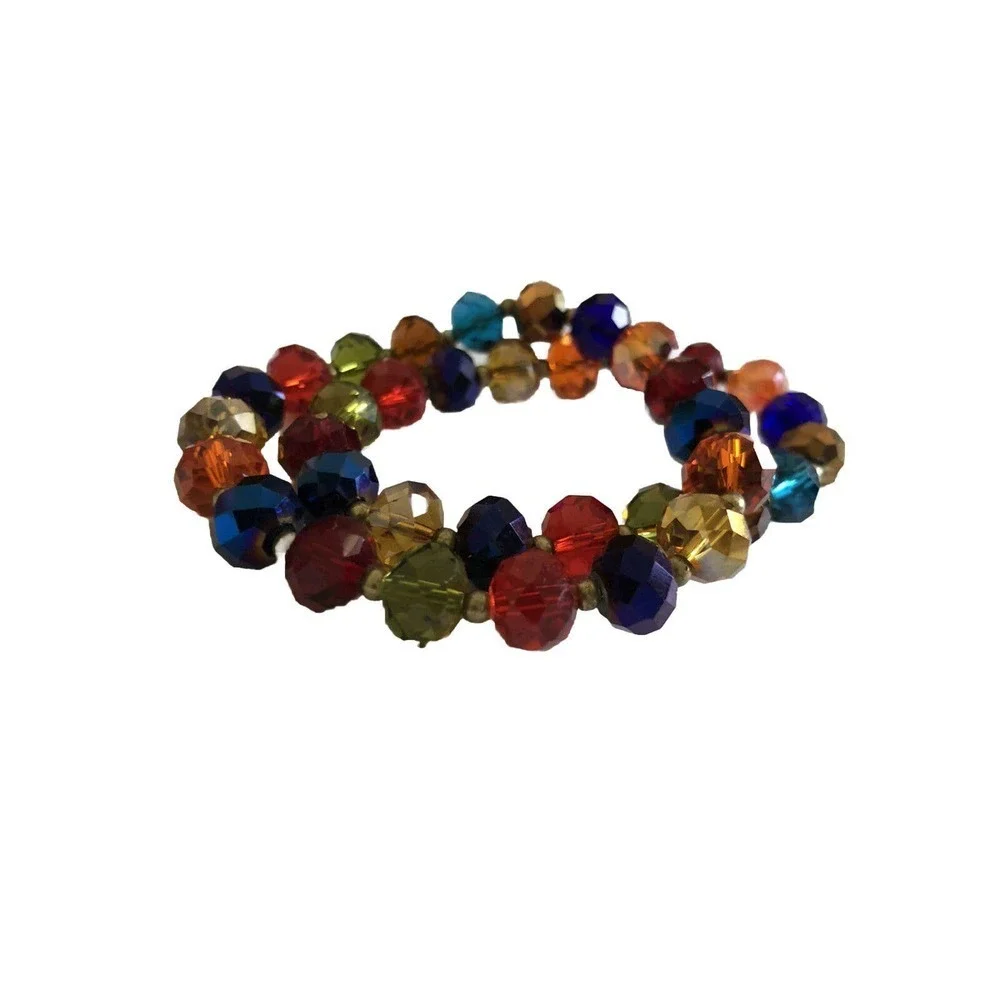 Set Of 2 Faceted Resin Crystal Beaded Stretch Bracelet Multi-Colors Jewelry
